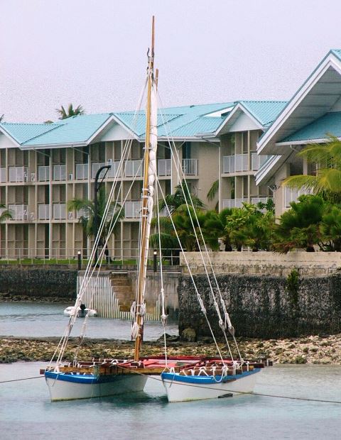 The newly-built canoe moored off the Marshall Islands Resort in 2004.